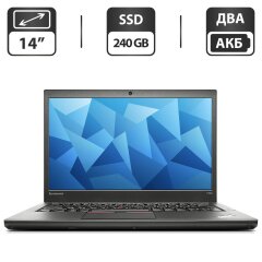 Ноутбук Б-клас Lenovo ThinkPad T450s / 14" (1366x768) TN / Intel Core i5-5300U (2 (4) ядра по 2.3 - 2.9 GHz) / 8 GB DDR3 / 240 GB SSD / Intel HD Graphics 5500 / WebCam / VGA / Два АКБ / BIOS Lock