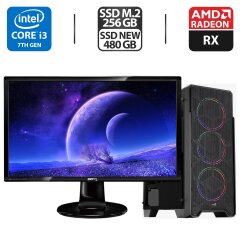 Комплект ПК: AeroCool Tower NEW / Intel Core i3-7100 (2 (4) ядра по 3.9 GHz) / 16 GB DDR4 / 256 GB SSD M.2 + 480 GB SSD NEW / AMD Radeon RX 570, 4 GB GDDR5, 256-bit + Монитор BenQ GL2460-B / 24" (1920x1080) TN / DVI, HDMI + Кабели подключения