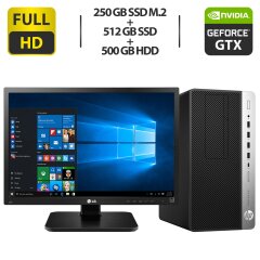 Комплект ПК: HP 600 G4 Tower / Intel Core i5-8400 (6 ядер по 2.8 - 4.0 GHz) / 16 GB DDR4 / 250 GB SSD M.2 + 512 GB SSD + 500 GB HDD / nVidia GeForce GTX 1050 Ti, 4 GB GDDR5, 128-bit + Монитор LG 24MB37PM-B / 24" (1920x1080) IPS + Wi-Fi USB, HDMI, питания