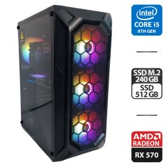 Игровой ПК 1stPlayer FireBase X6 Tower / Intel Core i5-8500 (6 ядер по 3.0 - 4.1 GHz) / 16 GB DDR4 / 240 GB SSD M.2 + 512 GB SSD / AMD Radeon RX 570, 8 GB GDDR5, 256-bit / 500W + Кабели (DVI и питания)