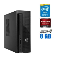 Комп'ютер HP Slimline 270-p024 SFF / Intel Core i7-7700T (4 (8) ядра по 2.9 - 3.8 GHz) / 8 GB DDR4 / 256 GB SSD M.2 + 500 GB HDD / AMD FirePro W4300, 4 GB GDDR5, 128-bit / WiFi / Win 10 Pro Lic
