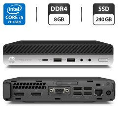 Неттоп Б-класс HP ProDesk 600 G3 Mini PC USFF / Intel Core i5-7500T (4 ядра по 2.7 - 3.3 GHz) / 8 GB DDR4 / 240 GB SSD / Intel HD Graphics 630 / DisplayPort / Блок питания в комплекте