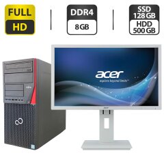 Комплект ПК: компьютер Fujitsu Esprimo P756 E90 Tower / Intel Core i3-6100 (2 (4) ядра по 3.7 GHz) / 8 GB DDR4 / 128 GB SSD + 500 GB HDD / Intel HD Graphics 530 / DVD-ROM + Монитор Б-класс Acer B246HL / 24" (1920x1080) TN + Клавиатура, мышка, кабели