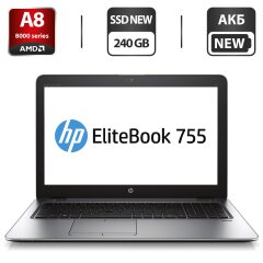 Ноутбук HP EliteBook 755 G3 / 15.6" (1366x768) TN / AMD A8 Pro-8600B (4 ядра по 1.6 - 3.0 GHz) / 8 GB DDR3 / 240 GB SSD NEW / AMD Radeon R6 Graphics / WebCam / АКБ NEW / Windows 10 Pro