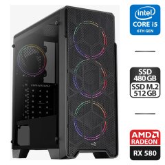 Игровой ПК AeroCool Tower / Intel Core i5-6400 (4 ядра по 2.7 - 3.3 GHz) / 16 GB DDR4 / 480 GB SSD + 512 GB SSD M.2 / AMD Radeon RX 580, 4 GB GDDR5, 256-bit / 550W + Кабель питания в комплекте
