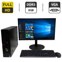 Комплект ПК: Fujitsu Esprimo E720 E85 SFF / Intel Core i5-4440 (4 ядра по 3.1 - 3.3 GHz) / 8 GB DDR3 / 500 GB HDD / Intel HD Graphics 4600 / DVD-ROM + Монитор Fujitsu B24-8 TS Pro / 24" (1920x1080) IPS / VGA, DVI, HDMI + Новые клавиатура, мышка, кабели