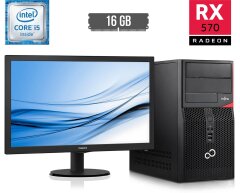 Комплект ПК: Fujitsu Tower / Intel Core i5-6400 (4 ядра по 2.7 - 3.3 GHz) / 16 GB DDR4 / 250 GB SSD + 500 GB HDD / AMD Radeon RX 570, 4 GB GDDR5, 256-bit + Монитор Philips 223V5L / 21.5" (1920x1080) TN / VGA, DVI