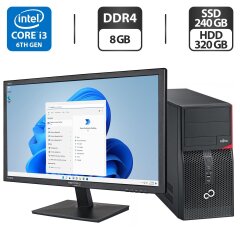 Комплект ПК: Fujitsu P556 E85 Tower / Intel Core i3-6100 (2 (4) ядра по 3.7 GHz) / 8 GB DDR4 / 240 GB SSD + 320 GB HDD / Intel HD Graphics 530 + Монітор Б-клас 22" (1680x1050) TN / DVI / Різні бренди + Клавіатура, мишка, кабелі, Windows 11 Pro