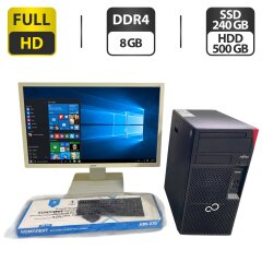 Комплект ПК: компьютер Fujitsu Esprimo P558 E85 Tower / Intel Core i3-8100 (4 ядер по 3.6 GHz) / 8 GB DDR4 / 240 GB SSD + 500 GB HDD / Intel UHD Graphics 630 + Монитор Б-класс Acer B246HL / 24" (1920x1080) TN + Клавиатура, мышка, кабели