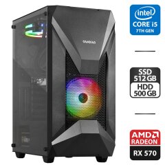 Игровой компьютер Gamdias Athena E1 Elite Tower NEW / Intel Core i5-7400 (4 ядра по 3.0 - 3.5 GHz) / 16 GB DDR4 / 512 GB SSD + 500 GB HDD / AMD Radeon RX 570, 8 GB GDDR5, 256-bit / 500W NEW / HDMI + Кабели, беспроводная мышка, Wi-Fi адаптер