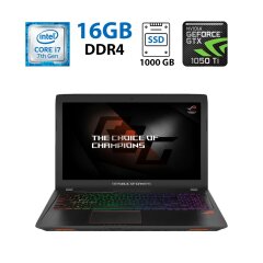 Ігровий ноутбук Asus ROG Strix GL553VE / 15.6" (1920x1080) IPS / Intel Core i7-7700HQ (4 (8) ядра по 2.80 - 3.80 GHz) / 16 GB DDR4 / 1000 GB SSD / nVidia GeForce GTX 1050 Ti, 4 GB GDDR5, 128-bit / WebCam