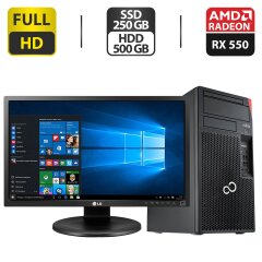 Комплект ПК: Fujitsu Esprimo P757 E90 Tower / Intel Core i5-7500 (4 ядра по 3.4 - 3.8 GHz) / 16 GB DDR4 / 250 GB SSD + 500 GB HDD / AMD Radeon RX 550, 4 GB GDDR5, 128-bit + Монитор LG 24MB35PM-B / 24" (1920x1080) IPS / VGA + Клавиатура, мышка, кабели