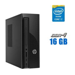Компьютер HP Slimline 270-p024 SFF / Intel Core i7-7700T (4 (8) ядра по 2.9 - 3.8 GHz) / 16 GB DDR4 / 256 GB SSD M.2 + 500 GB HDD / Intel HD Graphics 630 / WiFi / Win 10 Pro Lic