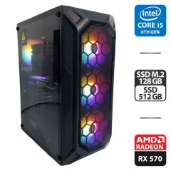 Игровой ПК 1stPlayer FireBase X6 Tower / Intel Core i5-8500 (6 ядер по 3.0 - 4.1 GHz) / 16 GB DDR4 / 128 GB SSD M.2 + 512 GB SSD / AMD Radeon RX 570, 8 GB GDDR5, 256-bit / 500W + Кабели (DVI и питания)