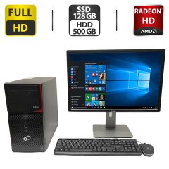 Комплект ПК: Fujitsu Esprimo P520 E85 Tower / Intel Core i5-4590 (4 ядра по 3.3 - 3.7 GHz) / 16 GB DDR3 / 128 GB SSD + 500 GB HDD / AMD Radeon HD 8450, 1 GB GDDR3, 64-bit + Монитор Б-класс Dell U2412Mb / 24" (1920x1200) IPS + Клавиатура, мышка, кабели