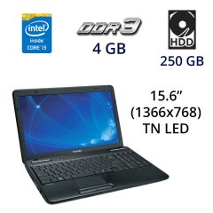 Ноутбук Toshiba Satellite C655 / 15.6" (1366x768) TN LED / Intel Core i3-2350M (2 (4) ядра по 2.3 GHz) / 4 GB DDR3 / 250 GB HDD / WebCam / DVD-RW / USB 2.0 / VGA / RGB
