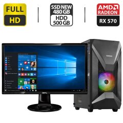 Комплект ПК: Athena Elite Tower NEW / Intel Core i5-6400 (4 ядра по 2.7 - 3.3 GHz) / 16 GB DDR4 / 480 GB SSD NEW + 500 GB HDD / AMD Radeon RX 570, 8 GB GDDR5, 256-bit / 500W NEW + Монитор Benq GL2460 / 24" (1920x1080) TN / VGA, DVI + Кабели в комплекте