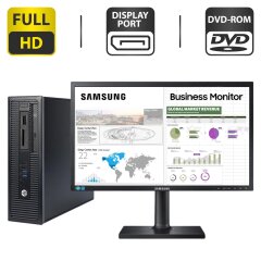 Комплект ПК: HP ProDesk 600 G1 SFF / Intel Core i3-4130 (2 (4) ядра по 3.4 GHz) / 4 GB DDR3 / 500 GB HDD / Intel HD Graphics 4400 / DVD-ROM + Монитор Samsung LS24E65UPLX/CI / 23.6" (1920x1080) PLS / VGA, HDMI, DisplayPort, Audio + Кабели в падарок