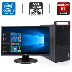 Комплект ПК: Lenovo ThinkCentre M800 Tower / Intel Core i3-6100 (2 (4) ядра по 3.7 GHz) / 8 GB DDR4 / 120 GB SSD + 500 GB HDD / AMD Radeon R7 430, 2 GB GDDR5, 128-bit / DVD-ROM + Монитор LG 24MB35PM-B / 24" (1920x1080) IPS / VGA + Кабели подключения