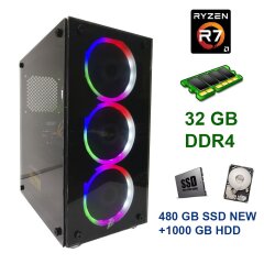First Player ATX NEW / AMD Ryzen 7 2700 (8 (16) ядер по 3.20 - 4.10 GHz) / 32 GB DDR4 / 480 GB SSD NEW+1000 GB HDD / AMD Radeon RX 470, 8 GB GDDR5, 256-bit / Блок питания 600W Chieftec NEW