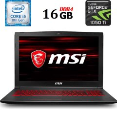 Игровой ноутбук MSI GV62 8RD / 15.6" (1920x1080) TN / Intel Core i5-8300H (4 (8) ядра по 2.3 - 4.0 GHz) / 16 GB DDR4 / 480 GB SSD / nVidia GeForce GTX 1050 Ti, 4 GB GDDR5, 128-bit / WebCam / HDMI / miniDP