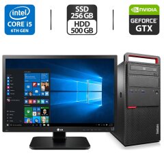 Комплект: Lenovo ThinkCentre M800 Tower / Intel Core i5-6500 (4 ядра по 3.2 - 3.6 GHz) / 16 GB DDR4 / 256 GB SSD + 500 GB HDD / nVidia GeForce GTX 950, 2 GB GDDR5, 128-bit / DVD-ROM + Монитор LG 24MB37PM-B / 24" (1920x1080) IPS + Веб-камера, кабели