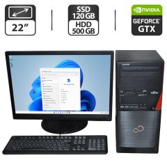 Комплект ПК: Fujitsu Celsius W530 Tower / Intel Core i5-4590 (4 ядра по 3.3 - 3.7 GHz) / 16 GB DDR3 / 120 GB SSD + 500 GB HDD / nVidia GeForce GTX 550 Ti, 4 GB GDDR5, 128-bit + Монитор Б-класс AOC / 22" (1680x1050) TN + Новые клавиатура, мышка, кабели