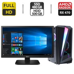Комплект ПК: 1stPlayer Rainbow R5 Tower / Intel Core i5-4570 (4 ядра по 3.2 - 3.6 GHz) / 32 GB DDR3 / 480 GB SSD + 500 GB HDD / AMD Radeon RX 470, 4 GB GDDR5, 256-bit + Монитор LG 24MB37PM-B / 24" (1920x1080) IPS / VGA + Кабели