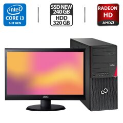 Комплект ПК: Fujitsu Esprimo P756 E85 Tower / Intel Core i3-6100 (2 (4) ядра по 3.7 GHz) / 8 GB DDR4 / 240 GB SSD NEW + 320 GB HDD / AMD Radeon HD 7570, 1 GB GDDR5, 128-bit + Монитор Б-класс AOC E2250SWDN / 22" (1920x1080) TN / VGA / Встроенные колонки
