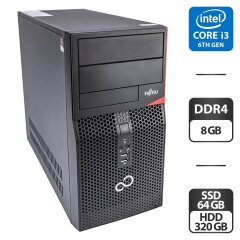 Комп'ютер Fujitsu Esprimo P556 E85 Tower / Intel Core i3-6100 (2 (4) ядра по 3.7 GHz) / 8 GB DDR4 / 64 GB SSD + 320 GB HDD / Intel HD Graphics 530 / Windows 11 Pro