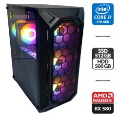Игровой ПК 1stPlayer FireBase X6 Tower / Intel Core i7-4770 (4 (8) ядра по 3.4 - 3.9 GHz) / 16 GB DDR3 / 512 GB SSD + 500 GB HDD / AMD Radeon RX 580, 8 GB GDDR5, 256-bit / 600W + Кабели (DVI и питания) в комплекте