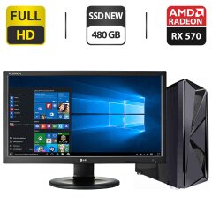 Комплект ПК: 1stPlayer Tower NEW / Intel Core i7-3770 (4 (8) ядра по 3.4 - 3.9 GHz) / 16 GB DDR3 / 480 GB SSD NEW / AMD Radeon RX 570, 8 GB GDDR5, 256-bit + Монитор LG IPS231P-BN / 23" (1920x1080) IPS / VGA, DVI + Wi-Fi адаптер, кабели