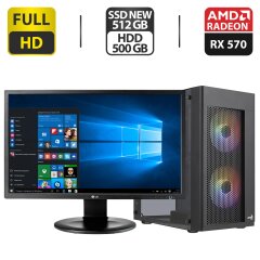 Комплект ПК: AeroCool Tower NEW / Intel Core i7-3770 (4 (8) ядра по 3.4 - 3.9 GHz) / 16 GB DDR3 / 512 GB SSD NEW + 500 GB HDD / AMD Radeon RX 570, 8 GB GDDR5, 256-bit + Монитор LG 24MB35PM-B / 24" (1920x1080) IPS / VGA / DVI + Кабели подключения