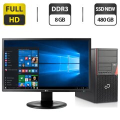 Комплект ПК: Fujitsu Esprimo P720 E90 Tower / Intel Core i5-4590 (4 ядра по 3.3 - 3.7 GHz) / 8 GB DDR3 / 480 GB SSD NEW / AMD Radeon HD 7350, 1 GB GDDR3, 64-bit + Монитор LG 24MB35PM-B / 24" (1920x1080) IPS / VGA / DVI + Клавиатура, мышка, кабели