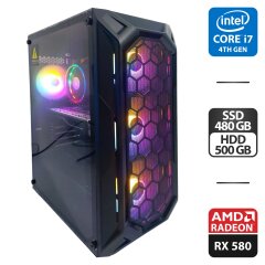 Игровой ПК 1stPlayer FireBase X6 Tower / Intel Core i7-4770 (4 (8) ядра по 3.4 - 3.9 GHz) / 16 GB DDR3 / 480 GB SSD + 500 GB HDD / AMD Radeon RX 580, 8 GB GDDR5, 256-bit / 600W + Кабели (DVI и питания) в комплекте