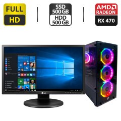 Комплект ПК: 1stPlayer Fire Dancing V2 Tower / Intel Core i7-4770 (4 (8) ядра по 3.4 - 3.9 GHz) / 32 GB DDR3 / 500 GB SSD + 500 GB HDD / AMD Radeon RX 470, 4 GB GDDR5, 256-bit / 500W + Монитор LG 24MB35PM-B / 24" (1920x1080) IPS + Кабели подключения
