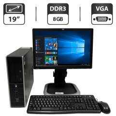 Комплект ПК: HP Compaq 8000 Elite SFF / Intel Core 2 Duo E7500 (2 ядра по 2.93 GHz) / 8 GB DDR3 / 250 GB HDD / Intel Graphics / DVD-ROM + Монитор HP L1908w / 19" (1440x900) TN / VGA + Клавиатура, мышка, кабели подключения