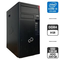 Компьютер Fujitsu Esprimo P758 E85 Tower / Intel Core i5-8400 (6 ядер по 2.8 - 4.0 GHz) / 8 GB DDR4 / 128 GB SSD + 500 GB HDD / Intel UHD Graphics 630