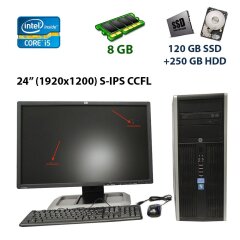 Комплект ПК: HP Compaq Elite 8200 Tower / Intel Core i5-2400 (4 ядра по 3.1 - 3.4 GHz) / 8 GB DDR3 / 120 GB SSD+250 GB HDD / DVD-RW + Монітор Б клас - HP LP2475w / 24" ( 1920x1200) S-IPS CCFL / DVI-I, DVI-D, DP, HDMI, USB-Hub, RCA, S-Video