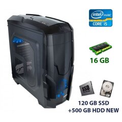 Qube QB40X Tower NEW / Intel Core i5-3570 (4 ядра по 3.4 - 3.8 GHz) / 16 GB DDR3 / 120 GB SSD+500 GB HDD NEW / AMD Radeon RX 570, 8 GB GDDR5, 256-bit / 550W / Fan 3x12cm LED Blue