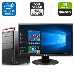 Комплект: Lenovo ThinkCentre M800 Tower / Intel Core i5-6500T (4 ядра по 2.5 - 3.1 GHz) / 16 GB DDR4 / 512 GB SSD + 500 GB HDD / nVidia Quadro P2000, 5 GB GDDR5, 160-bit / DVD-ROM + Монитор LG 24MB37PM-B / 24" (1920x1080) IPS