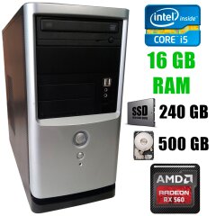 Gigabyte Tower / Intel Core i5-3470 (4 ядра по 3.2 - 3.6 GHz) / 16 GB DDR3 / new! 240 GB SSD+500 GB HDD / 350W / AMD Radeon RX 560 4GB GDDR5 128bit
