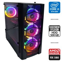 Игровой ПК 1stPlayer Fire Dancing V2 Tower / Intel Core i5-8400 (6 ядер по 2.8 - 4.0 GHz) / 16 GB DDR4 / 512 GB SSD + 500 GB HDD / AMD Radeon RX 580, 8 GB GDDR5, 256-bit / 500W + Мышка, кабели в комплекте