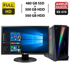 Комплект: 1stPlayer Rainbow R5 Tower / Intel Core i7-4770 (4 (8) ядра по 3.4 - 3.9 GHz) / 16 GB DDR3 / 480 GB SSD + 500 GB HDD + 500 GB HDD / AMD Radeon RX 470, 4 GB GDDR5, 256-bit / 500W + Монитор LG 24MB35PM-B / 24" (1920x1080) IPS + Кабели подключения