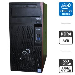 Компьютер Б-класс Fujitsu Esprimo P558 E85 Tower / Intel Core i3-8100 (4 ядер по 3.6 GHz) / 8 GB DDR4 / 120 GB SSD + 500 GB HDD / Intel UHD Graphics 630 / Windows 11 Pro