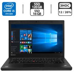 Ноутбук Б-клас Lenovo ThinkPad T440 / 14" (1366x768) TN / Intel Core i5-4300U (2 (4) ядра по 1.9 - 2.9 GHz) / 4 GB DDR3 / 120 GB SSD + 16 GB SSD / Intel HD Graphics 4400 / WebCam / Два АКБ