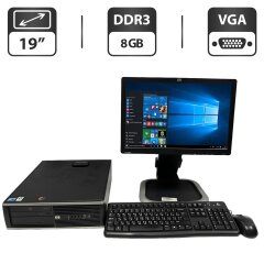 Комплект ПК: HP Compaq 6000 Elite SFF / Intel Core 2 Duo E7500 (2 ядра по 2.93 GHz) / 8 GB DDR3 / 250 GB HDD / Intel Graphics / DVD-ROM + Монитор HP L1908w / 19" (1440x900) TN / VGA + Клавиатура, мышка, кабели подключения
