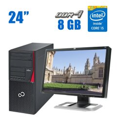 Комплект ПК: Fujitsu Esprimo P756 E90+ Tower / Intel Core i5-6500 (4 ядра по 3.2 - 3.6 GHz) / 8 GB DDR4 / 240 GB SSD / Intel HD Graphics 530 + Монитор HP LP2475w / 24" (1920x1200) TN / DVI, DP, HDMI + Клавиатура и мышь