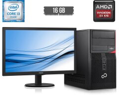 Комплект ПК: Fujitsu Tower / Intel Core i3-6100 (2 (4) ядра по 3.7 GHz) / 16 GB DDR4 / 250 GB SSD + 500 GB HDD / AMD Radeon RX 470, 4 GB GDDR5, 256-bit + Монитор Philips 223V5L / 21.5" (1920x1080) TN / VGA, DVI