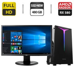 Комплект ПК: Gamdias Argus E2 Elite Tower NEW / Intel Core i3-6100 (2 (4) ядра по 3.7 GHz) / 16 GB DDR4 / 480 GB SSD NEW / AMD Radeon RX 580, 8 GB GDDR5, 256-bit / 600W NEW + Монитор LG 24MB35PM-B / 24" (1920x1080) IPS / VGA, DVI + Кабели подключения